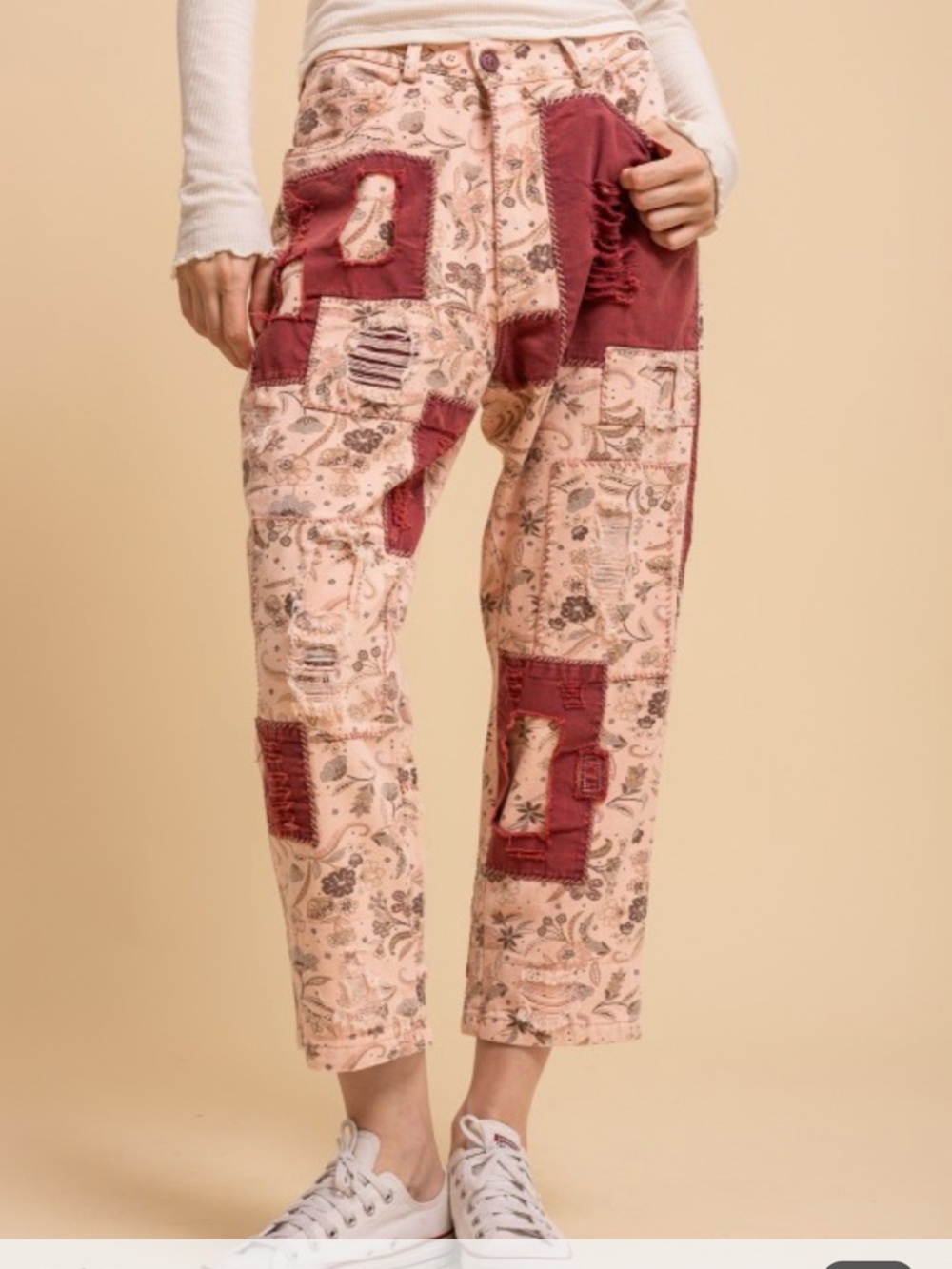 NWT BlueVelvet Floral Patchwork Distressed Cropped Pants Pink Rust Boho L/XL
